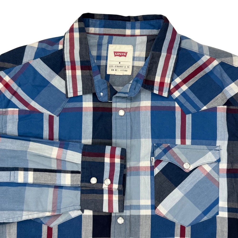 Levis Mens Blue Plaid Long Sleeve Pearl Snap Western Shirt Medium